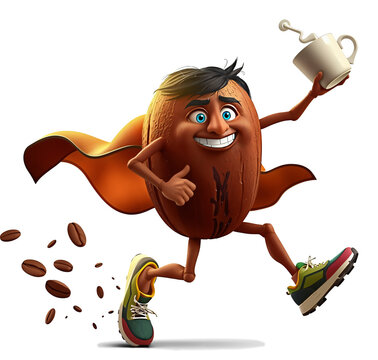 A cartoon depiction of a coffee bean character in motion, wearing a cape and holding a coffee mug, with coffee beans scattered around it. (transparent, isolated)