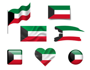 Kuwait flag set of icons. Vector flag of Kuwait symbol. Set of Kuwait flags button, waved, heart.