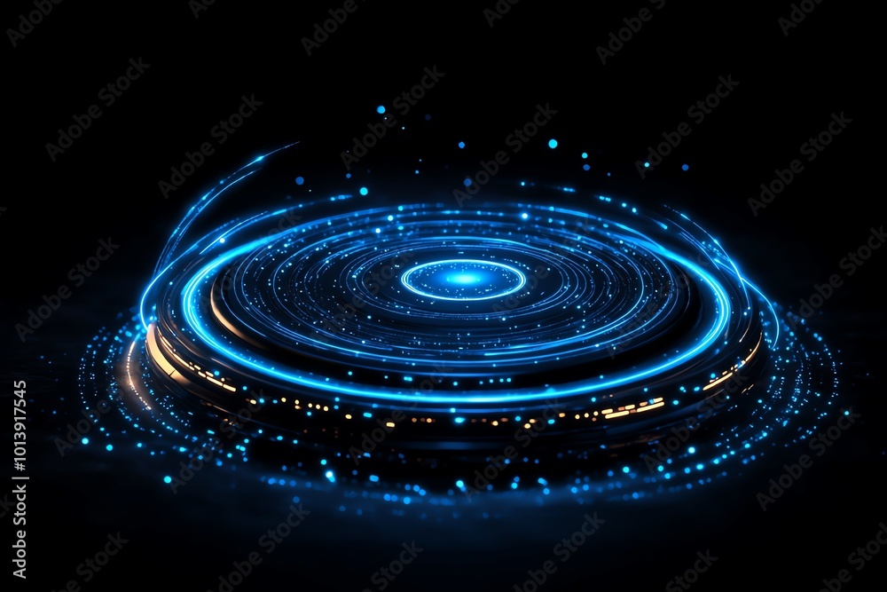 Poster minimalist warp drive design with simple glowing concentric circles and faint energy beams