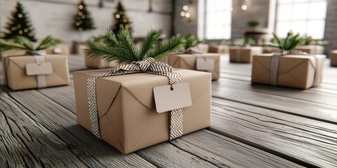 Christmas presents wrapped in brown paper with tags and greenery, festive atmosphere in a cozy setting.