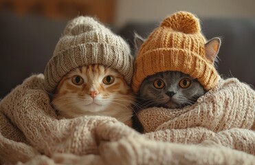 Adorable dog and cat wearing cozy winter hats snuggled together in a warm blanket, exuding warmth...