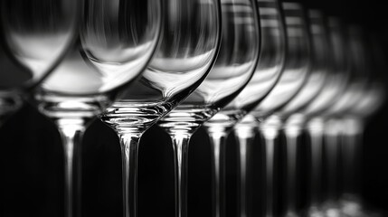 Row of elegant empty wine glasses, symmetry and reflection, fine dining concept