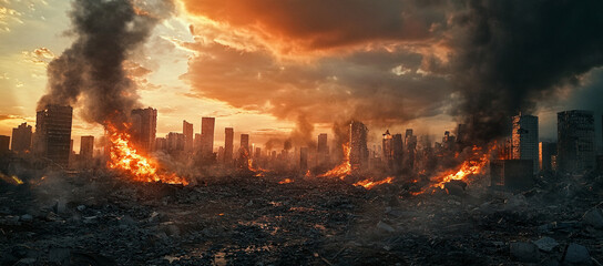 A desolate, post-apocalyptic landscape featuring a city in ruins, with smoldering debris, large fires, and a dramatic sky, symbolizing destruction and chaos.
