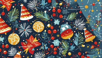 Fototapeta premium Abstract mix of traditional Christmas symbols arranged in a vibrant modern style, AI generated