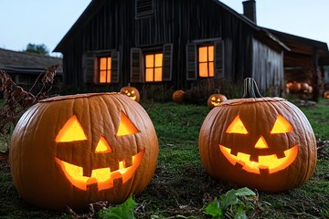 Obraz premium Old haunted house in a rural town, with creaking shutters and overgrown vines, lit only by the pale glow of jack-oâ€™-lanterns on a dark Halloween night