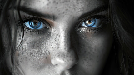 Fototapeta premium Close-up of intense blue-eyed woman with freckles in black and white 