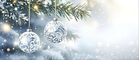 Abstract illustration of a set of ornate Christmas ornaments hanging on a snow-covered pine tree branch, AI generated