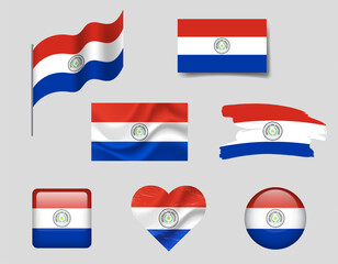 Paraguay flag set of icons. Vector flag of Paraguay, symbol. Set of Paraguay flags brush, button, waved, heart.