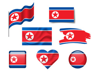 North Korea flag set of icons. Vector flag of North Korea symbol. Set of korean flags button, brush, waved, heart.