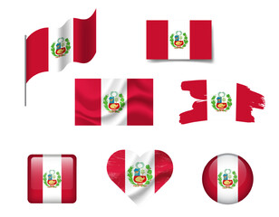 Peru flag set of icons. Vector flag of Peru, symbol. Set of Peru flags button, brush, waved, heart.