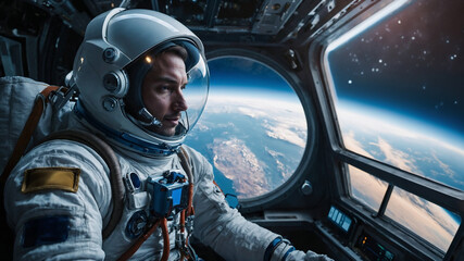 A futuristic space tourist floating in orbit above Earth, dressed in a modern spacesuit with a helmet. The tourist is positioned inside a transparent pod, with a high-tech interface visible in capsule