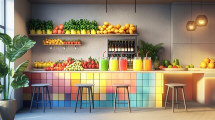 A vibrant juice bar with a colorful tile backsplash, modern stools, and a display of fresh fruits and vegetables