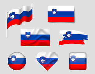 Slovenia flag set of icons. Vector flag of Slovenia, symbol. Set of Slovenian flags brush, button, waved, heart.