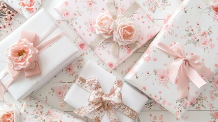 Elegant pink gift boxes with roses and ribbons on a pastel background.