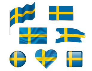 Sweden flag set of icons. Vector flag of Sweden, symbol. Set of Sweden flags brush, button, waved, heart.