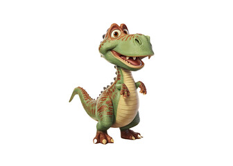 A happy dinosaur roams through a lush, prehistoric forest, its vibrant green skin glistening under the warm sunlight. With a wide grin stretching across its face, the dinosaur’s large, friendly eyes g