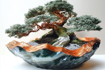 Bonsai tree in the process of being shaped with copper wire its branches curving over a shallow stone container filled with akadama soil