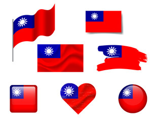 Taiwan flag set of icons. Vector flag of Taiwan symbol. Set of Taiwan flags button, brush, waved, heart.