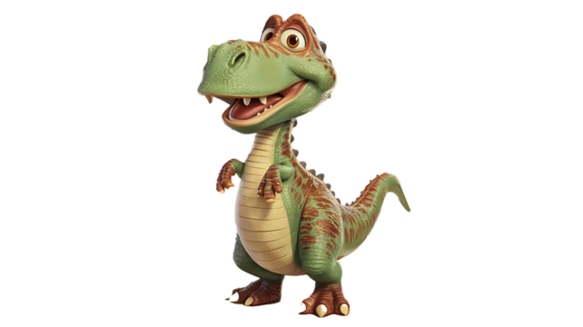 A happy dinosaur roams through a lush, prehistoric forest, its vibrant green skin glistening under the warm sunlight. With a wide grin stretching across its face, the dinosaur’s large, friendly eyes g