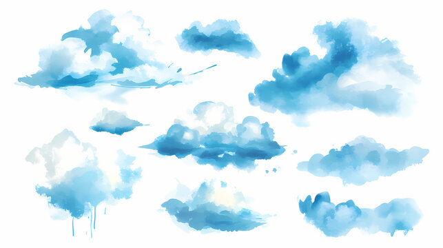 Blue watercolor clouds on white background. cyan watercolour water splash texture. set of modern pastel color paint stains with blue watercolor background. Pastel Drawing. Illustration