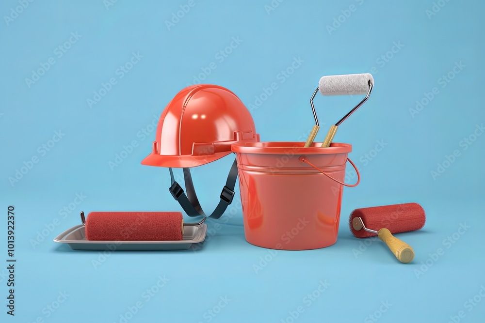 Poster a 3d rendering of a red safety helmet, paint roller, and bucket on a blue background, representing r