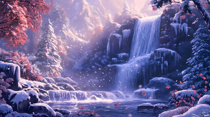 Cascading waterfall hidden power crystalizes the essence of time, presenting a frozen tableau of memories past, present, and future. hidden waterfall. illustration. Frozen Waterfall. Illustration