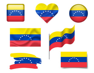 Venezuela flag set of icons. Vector flag of Venezuela, symbol. Set of Venezuela flags brush, button, waved, heart.