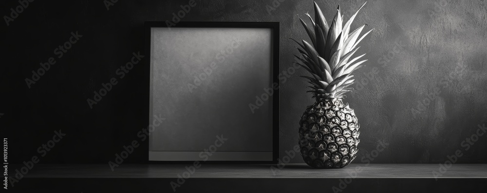 Poster monochrome pineapple with empty frame, minimalist composition. modern art and design concept