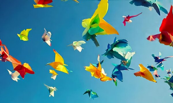 Witness the grace of colorful paper origami birds soaring against a clear blue sky in a captivating and artistic composition