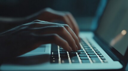 Close-up of businessman hands typing on laptop keyboard, working on business project in office