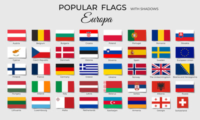 Flags of European countries with shadows. Europe flag icon set. Official coloring. Vector isolated