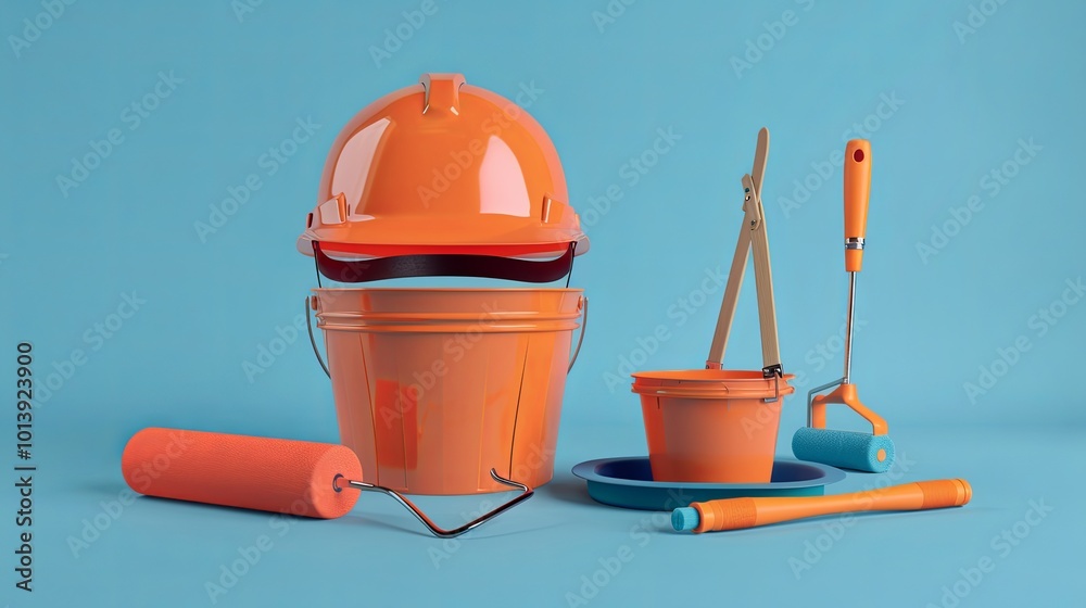 Poster a safety helmet sits atop a paint bucket, with paint rollers and brushes beside it. this 3d renderin