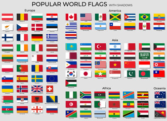 National flags of the world with shadows, official RGB coloring and detailed emblems. Popular world flags set.