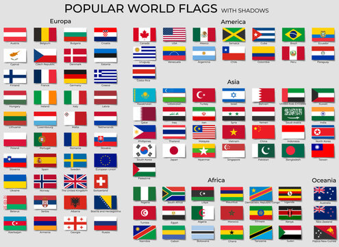 National flags of the world with shadows, official RGB coloring and detailed emblems. Popular world flags set.