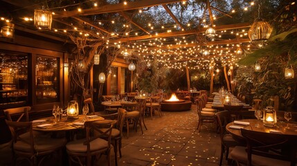 Cozy outdoor restaurant patio adorned with fairy lights and lanterns for New Years Eve celebration