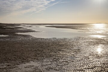 Evening mood in the Lower Saxon Wadden Sea National Park at low tide, Lower Saxony, Germany, Europe