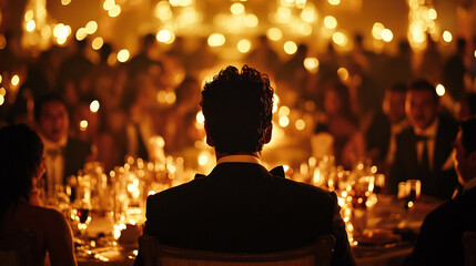A man in a tuxedo sits at an elegant, candlelit dinner event, surrounded by guests, creating a warm and luxurious atmosphere.
