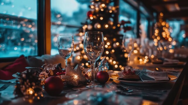 Elegant dining hall on a cruise ship beautifully decorated for a New Year's Eve gala with stunning sea views