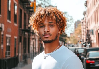 Fototapeta premium A young man stands with confidence in an urban setting, showcasing his curly hair while the sun shines brightly on the street