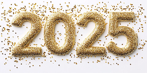 Glittering Gold 2025 Text with Festive Sparkles and Confetti for New Year Celebrations and Holiday Designs