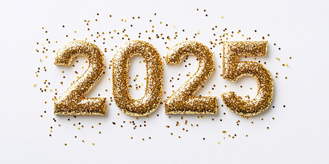 Glittering Gold 2025 Text with Festive Sparkles and Confetti for New Year Celebrations and Holiday Designs