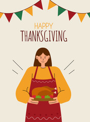 Festive Thanksgiving greeting card with woman serving turkey. Autumn Illustration