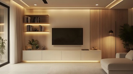 A simple, modern living room with light wood cabinets, white walls, and an LED TV mounted on the wall above them