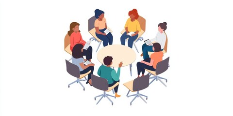Fototapeta premium Group Support Circle: Create an image of a diverse group of people sitting in a circle, sharing experiences and offering encouragement to one another, symbolizing peer su