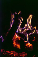 płomienie ognia w ognisku lub w kominku na ciemnym tle © Henryk Niestrój