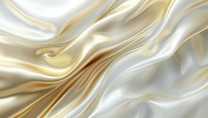 Obraz premium 3d rendering of smooth golden and white silk waves flowing together on light...