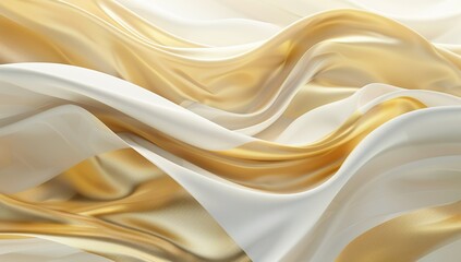 Obraz premium 3d rendering of smooth golden and white silk waves flowing together on light...