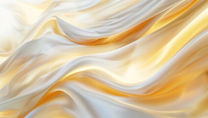 Obraz premium 3d rendering of smooth golden and white silk waves flowing together on light...