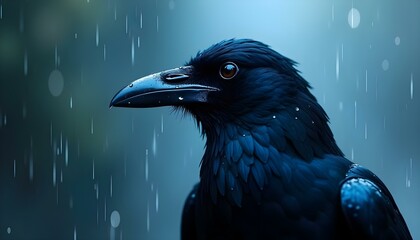 Black Crow Watching in the Rain Raven with Drops of Water on Its Beak and Eye Wildlife in Action
