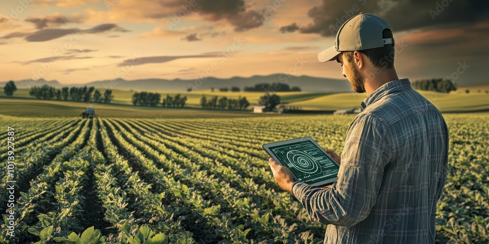 Leinwandbilder iot in agriculture: illustrate a farmer using iot sensors in a field, with data on soil health and c